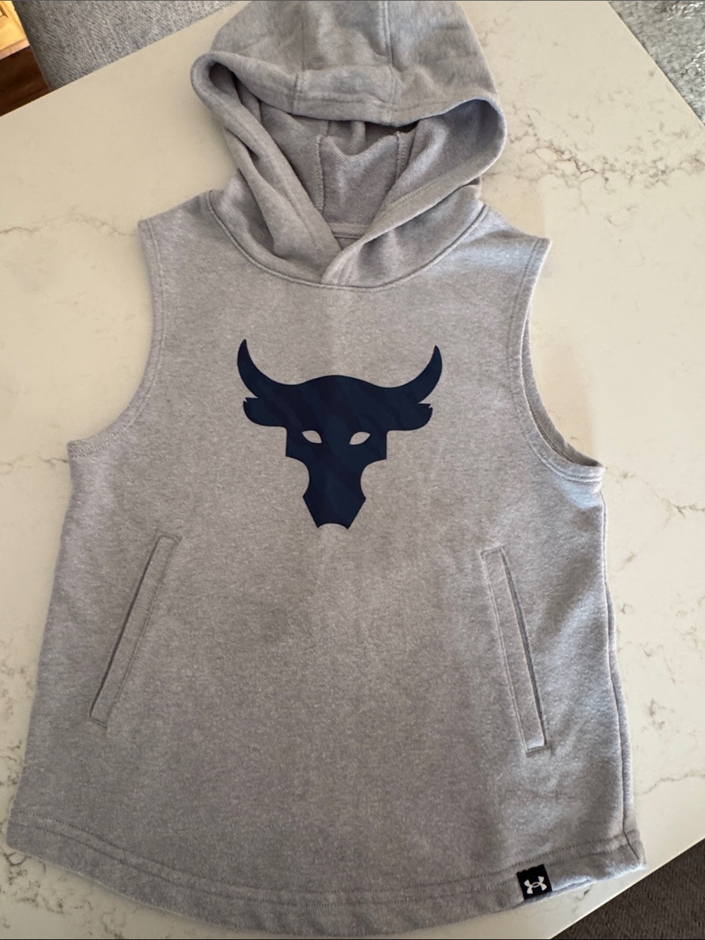 Under Armour Project Rock Boys Gray Sleeveless Hoodie Tank with Navy Bull Logo